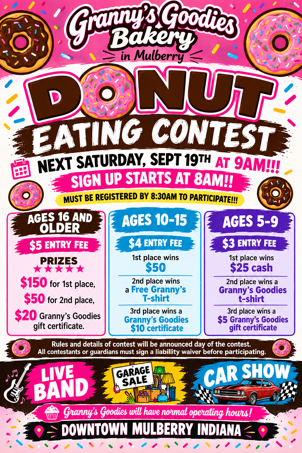 Flyer for the Donut Eating Contest at Granny's Goodies Bakery in Mulberry, Saturday September 19th at 9 AM with age brackets and prizes